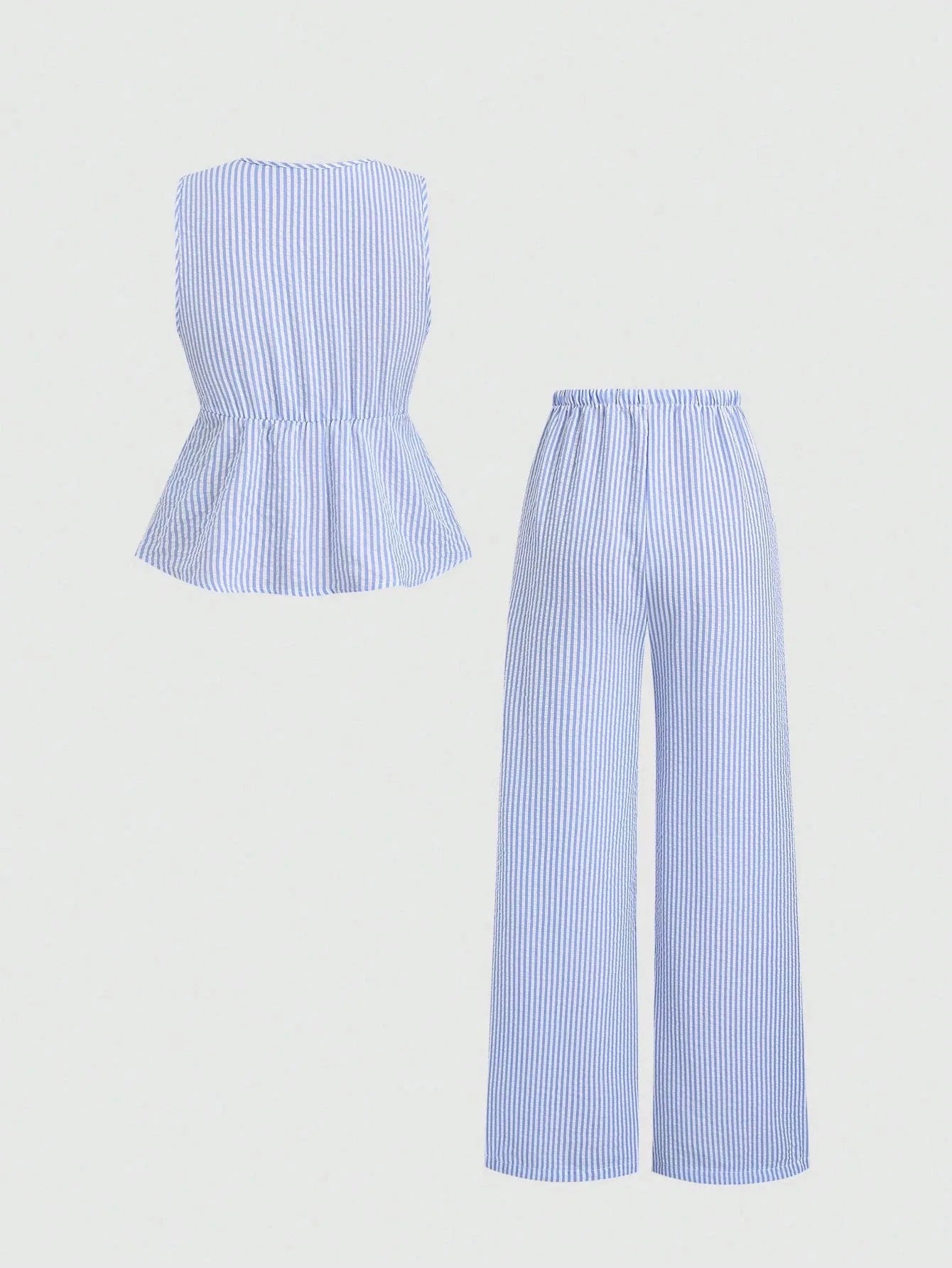 Women's Sets Two 2pcs Sale Summer V Neck Sleeveless Lace Up Vests&High Elastic Waist Striped Wide Leg Pant Suits OUYW-25014