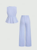 Women's Sets Two 2pcs Sale Summer V Neck Sleeveless Lace Up Vests&High Elastic Waist Striped Wide Leg Pant Suits OUYW-25014