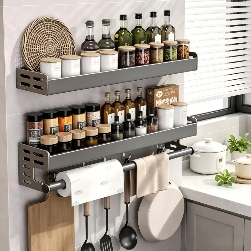 Gunmetal Space Aluminum Kitchen Storage Rack - No-Drill Wall Mounted Multi-Functional Organizer for Spice Jars and Knives