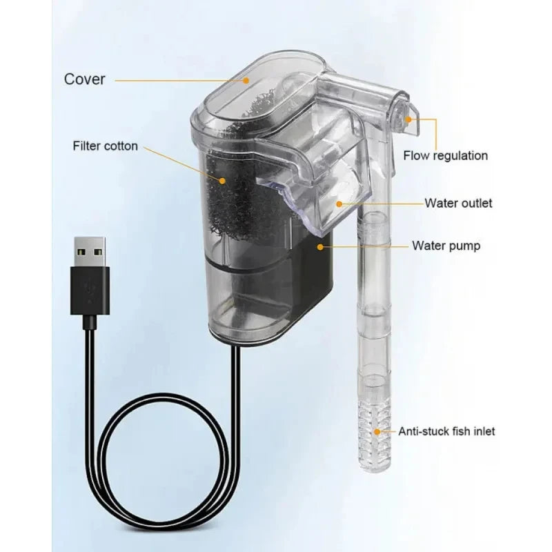 New Suspended Filter For Fish Tanks, Mini Filter, USB, 2.5W, 250H/L Suitable For Fish Tanks Below 30cm, Aquariums
