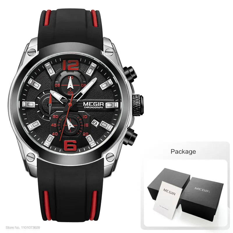 Reloj Megir de cuarzo analógico con cronógrafo para hombre, fecha, manecillas luminosas y correa de silicona resistente al agua.