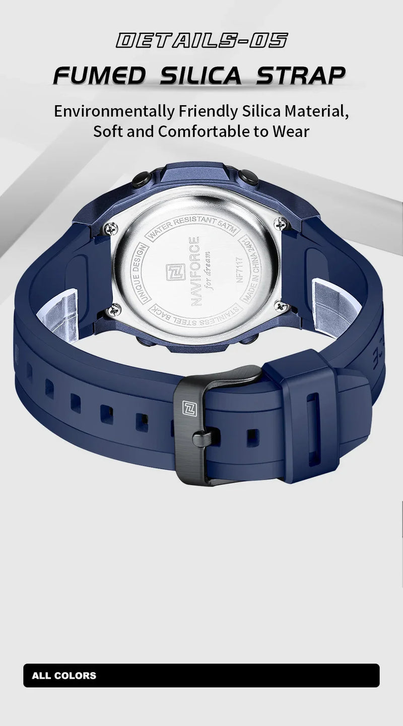 NAVIFORCE NF7117 Sports Watch for Men 5ATM Waterproof Multifunction Electronic Watch Men's LCD Digital Wristwatch