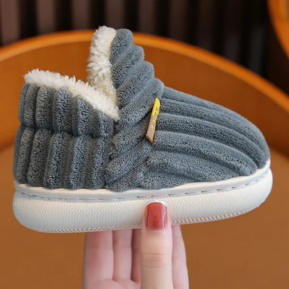 New Winter Concise Stripe Plush Slippers Children's Non-slip Soft Sole Kids Boys Girls Heel Wrap Warm High Home Cotton Shoes