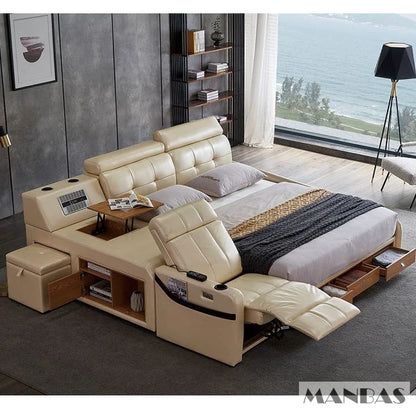MINGDIBAO Massage Bed with Ultimate Comfort and Genuine Leather Multifunctional Frame - Bluetooth Speaker, Safe Air Cleaner, USB