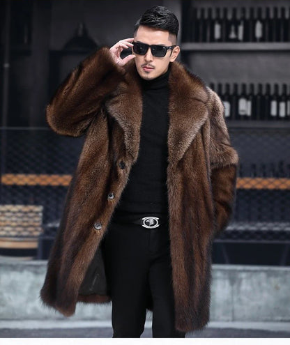 Abrigo largo de piel de visón cálido de invierno para hombre, chaqueta gruesa, cortavientos informal holgado