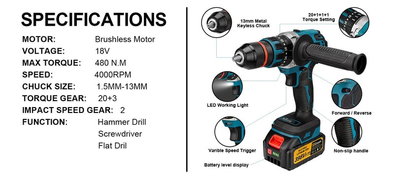 480N.M Brushless Electric Impact Drill Cordless Drill 13mm Electric Screwdriver DIY Driver Power Tool for Makita 18V Battery Pin