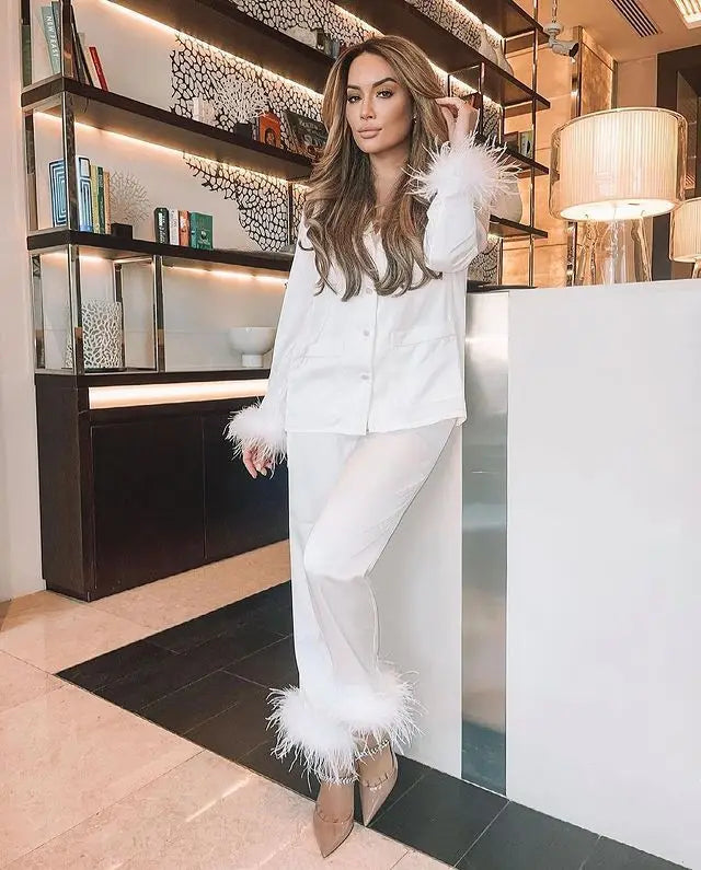 Women's Solid Color Suit Lapel Top Feather Pants Two-Piece Pajama Set 2024