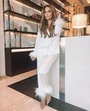 Women's Solid Color Suit Lapel Top Feather Pants Two-Piece Pajama Set 2024