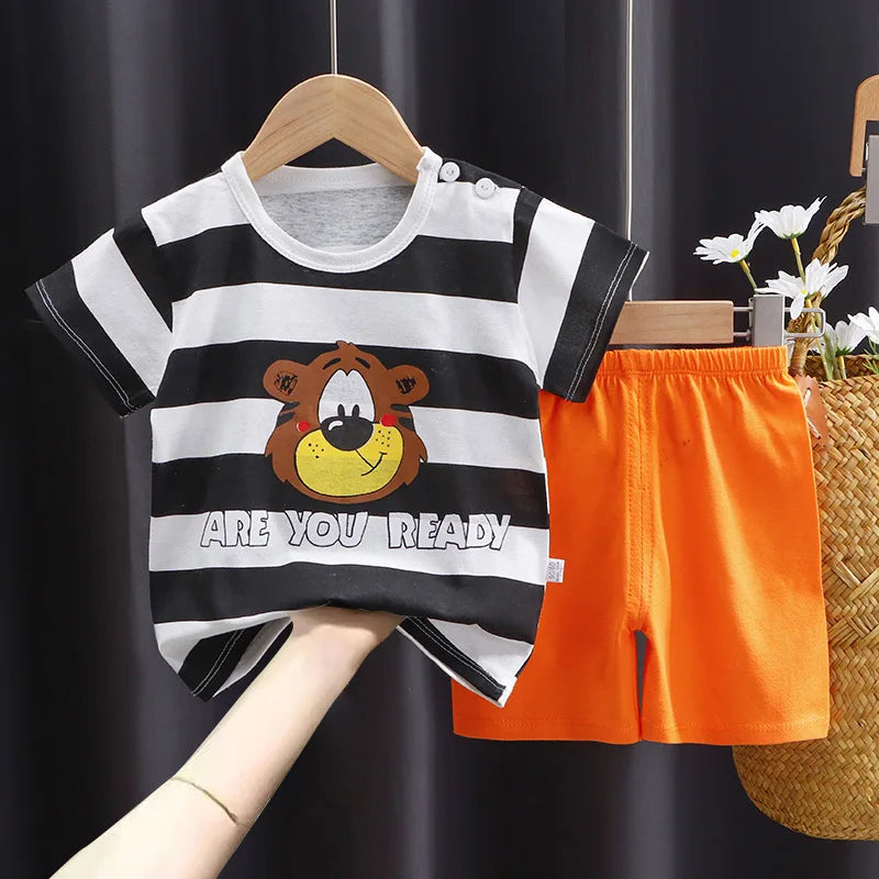 New Boys Summer Clothing Set Full Bear Print Cotton Short Sleeve T-shirts and Shorts 2PCS Breathable Outfit For Girls