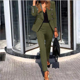 Conjunto de 2 piezas para mujer, otoño e invierno, moda de color liso, traje cruzado, pantalones pitillo ajustados con bolsillos, para oficina, 2023