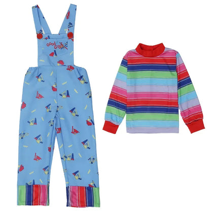 Disfraz de Chucky para Halloween, pantalones con pechera para niños, incluye mono, disfraz de terror de Halloween, regalo, pegatinas de cicatrices