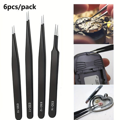 Juego de pinzas antiestáticas ESD de precisión: herramienta de acero inoxidable duradera de 6 piezas para reparación electrónica y modelado de procesos, doblado y corte.