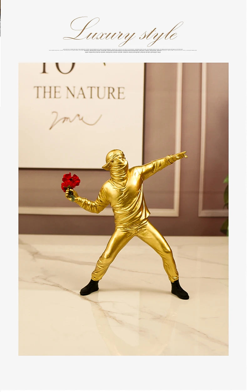 Resin Statues Sculptures Banksy Flower Thrower Statue Bomber Home Decoration Accessories Modern Ornaments Figurine Collectible