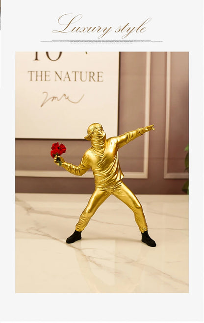 Resin Statues Sculptures Banksy Flower Thrower Statue Bomber Home Decoration Accessories Modern Ornaments Figurine Collectible