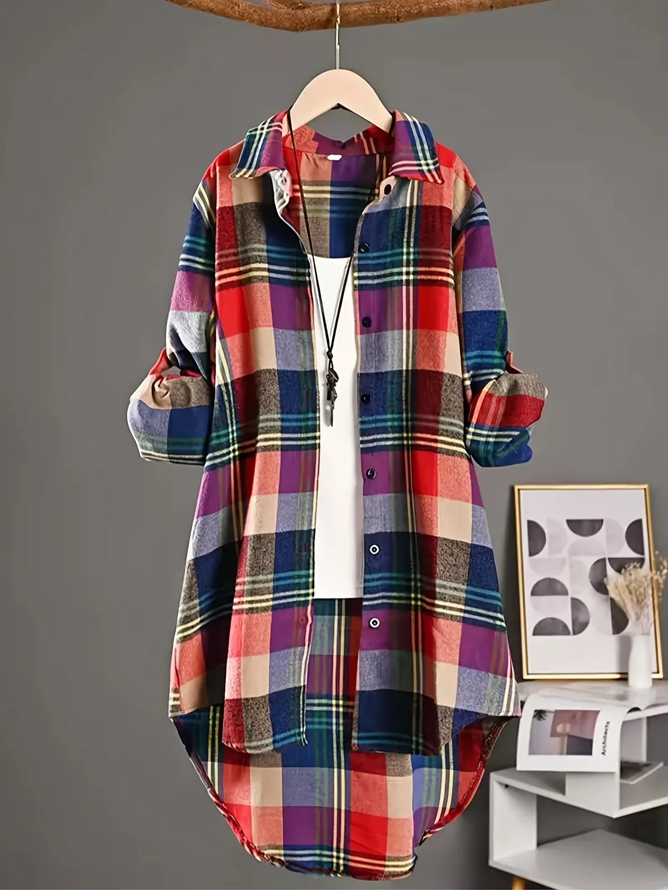 Plus Size 1XL-5XL Fashion Women's Plaid Printed Shirt Casual Loose Long-Sleeved Shirt Simple Lapel Design Shirt Top