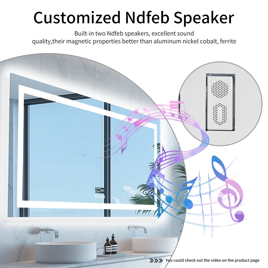 LUVODI Large Illuminated Bluetooth Bathroom Mirror Rectangle Anti-fog LED Bathroom Vanity Mirror with Bluetooth Speaker 3 Color