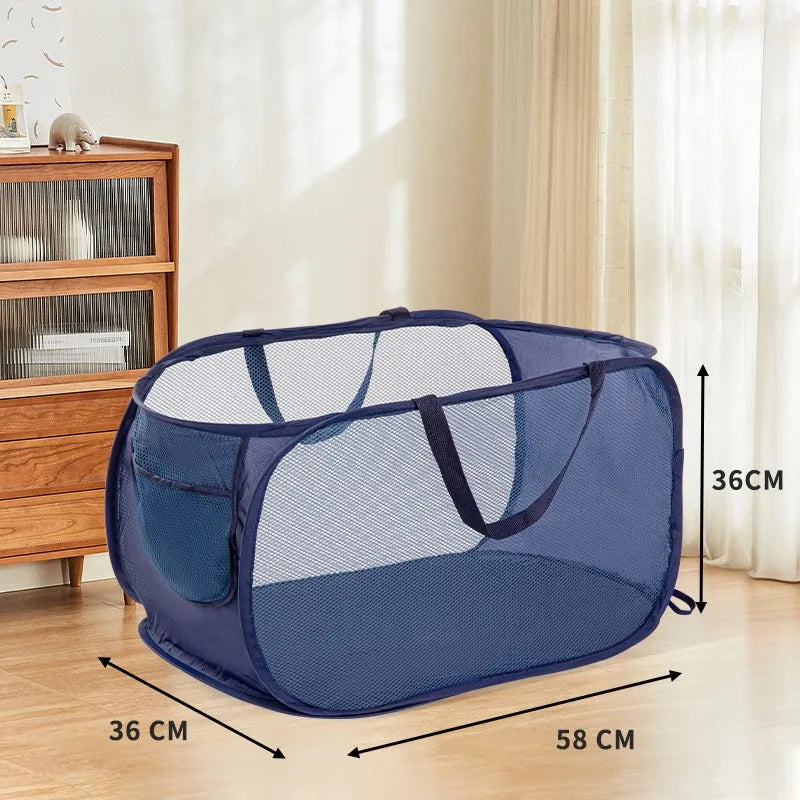 Durable Collapsible Laundry Basket, Mesh Pop Up Laundry Hamper With Side Pocket, Foldable Clothes Storage Hamper With Reinforced