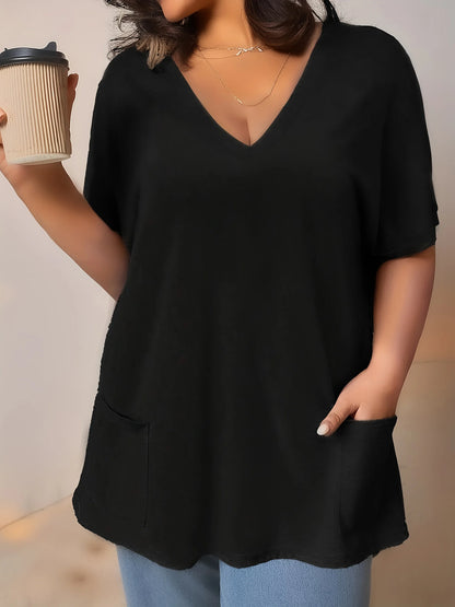 Camiseta de manga curta com decote em v feminina com bolsos frontais, top confortável e elegante, plus size, casual