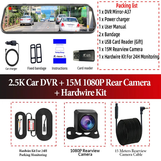 Acceo A37 Car Dvr 10.0 Inch Rear View Mirror 2.5K Dash Cam 1080P Car Camera With Rear View Camera Video Recorder Registrar Dvrs