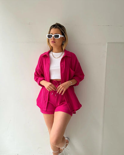 Solid Color Casual Loose Short Pants Sets For Women 2025 Elegant Summer Women's Two Pieces Suit Full Set Female Outfit Clothes