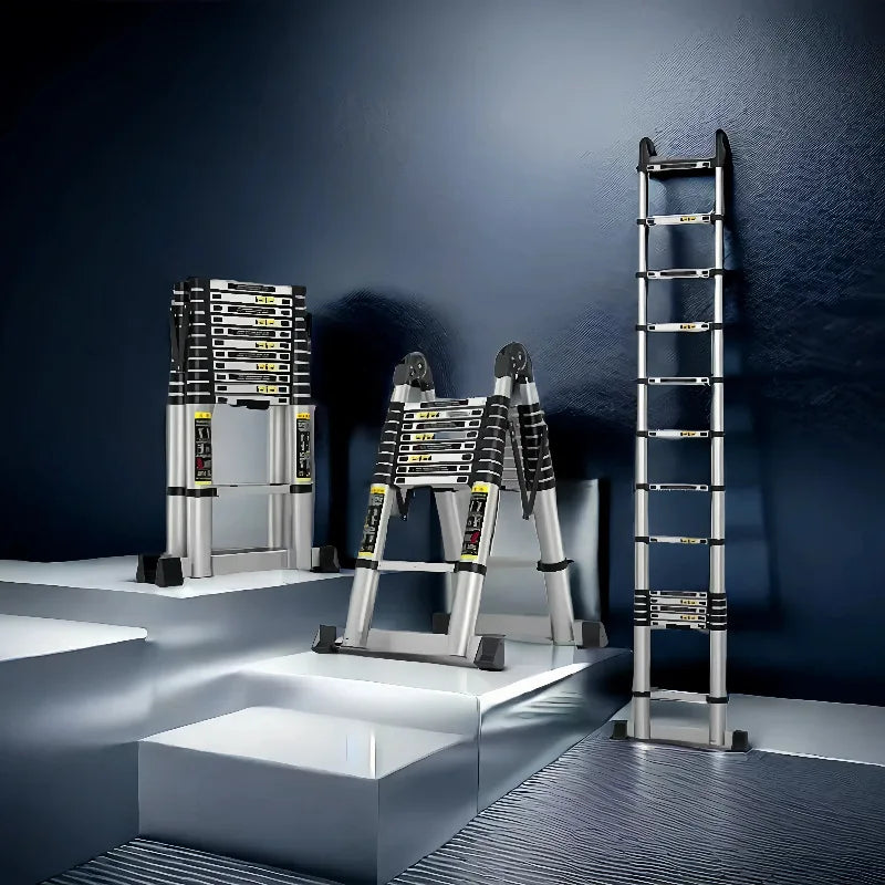 Escalera telescópica de acero inoxidable, resistente, ajustable, plegable, multifunción, para uso doméstico, interior y exterior.