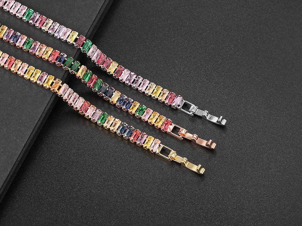 Pulseras de tenis de cristal arcoíris para mujer, color plata Kpop, regalos para amigas, cadena de brazalete de circonitas coloridas, joyería para la mano H167-M
