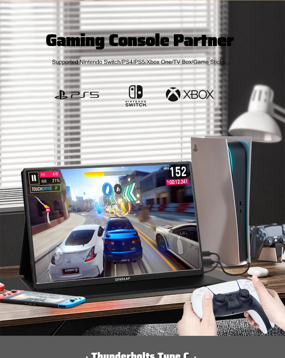 ZEUSLAP 16" 2.5K 144hz Portable Monitor 2560*1600 16:10 100%sRGB 500Cd/m²  Travel Gaming Display for Laptop Switch ps4 ps5 Xbox