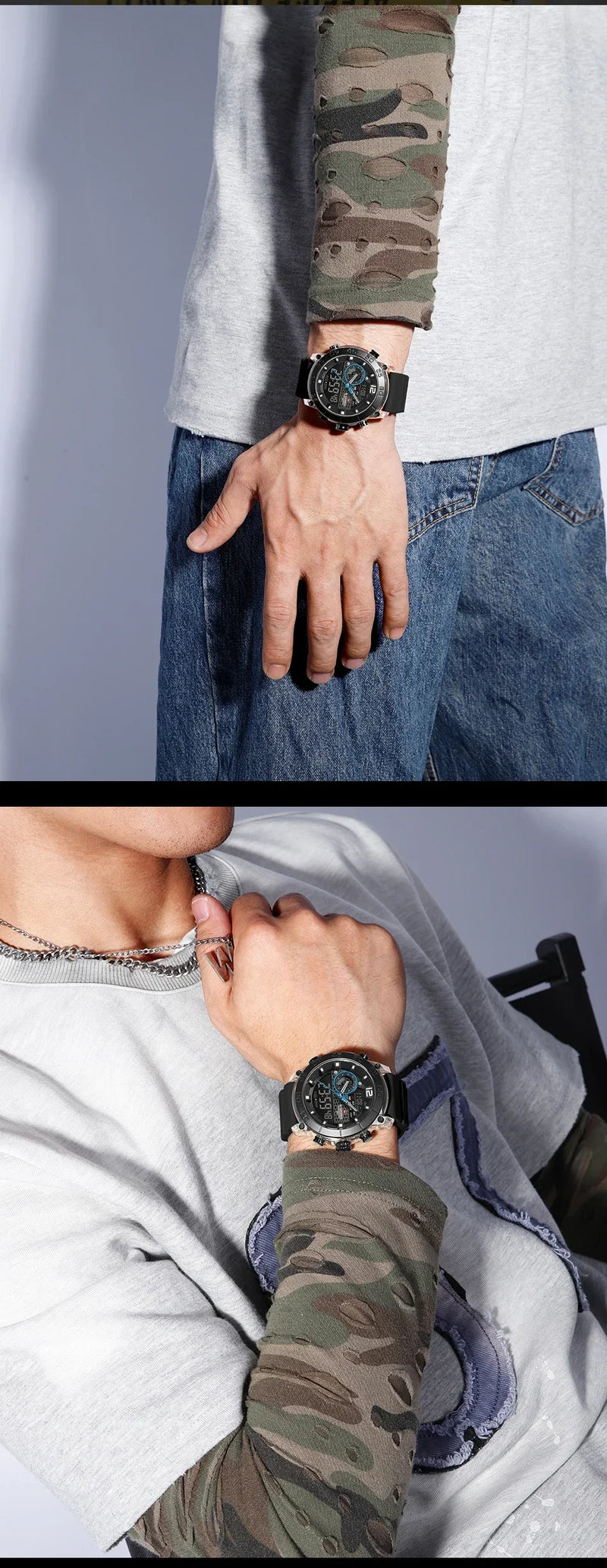 NAVIFORCE NF6104  Men's Lightweight Sports Wrist Watch Dual Display Time Night Light Watches Boy's Quartz  Stopwatch