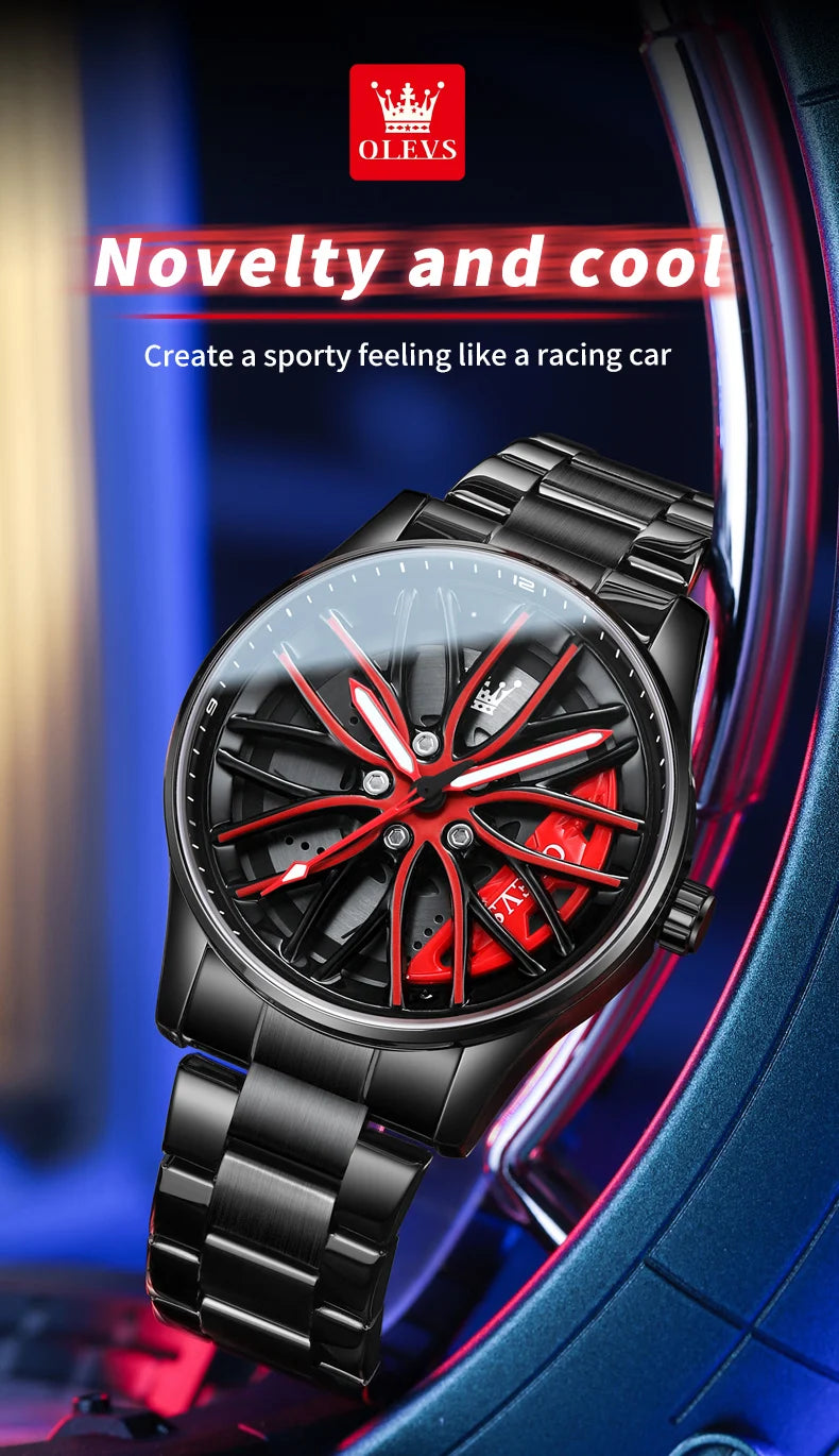 Reloj de lujo OLEVS Wheel para hombre, resistente al agua, con llanta giratoria deportiva, de cuarzo, de alta calidad y a la moda, el más vendido.