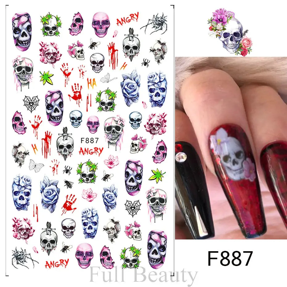 Cinturón negro 5D pegatinas en relieve gótico Halloween estilete calabaza calavera telaraña cremallera manicura uñas gel autoadhesivo decoración