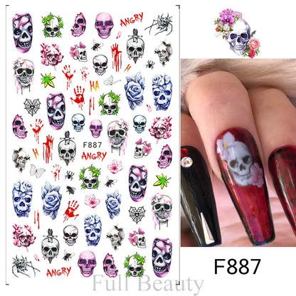 Cinturón negro 5D pegatinas en relieve gótico Halloween estilete calabaza calavera telaraña cremallera manicura uñas gel autoadhesivo decoración