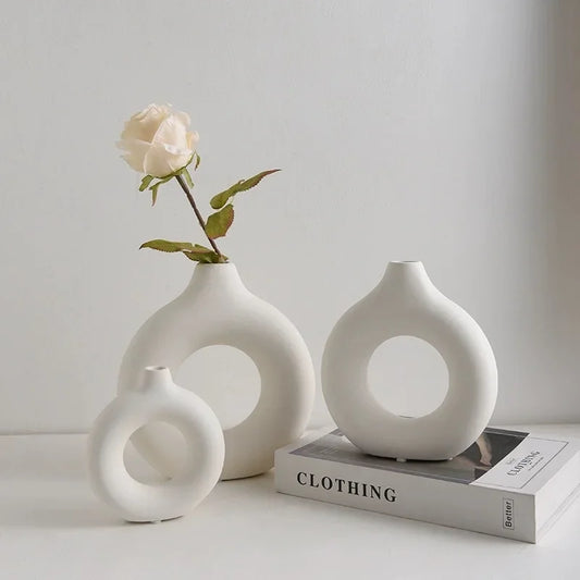Jarrón de plástico sencillo con forma de dona, maceta individual para decoración del hogar, sala de estar, adornos de mesa, jarrón con arreglo floral circular.