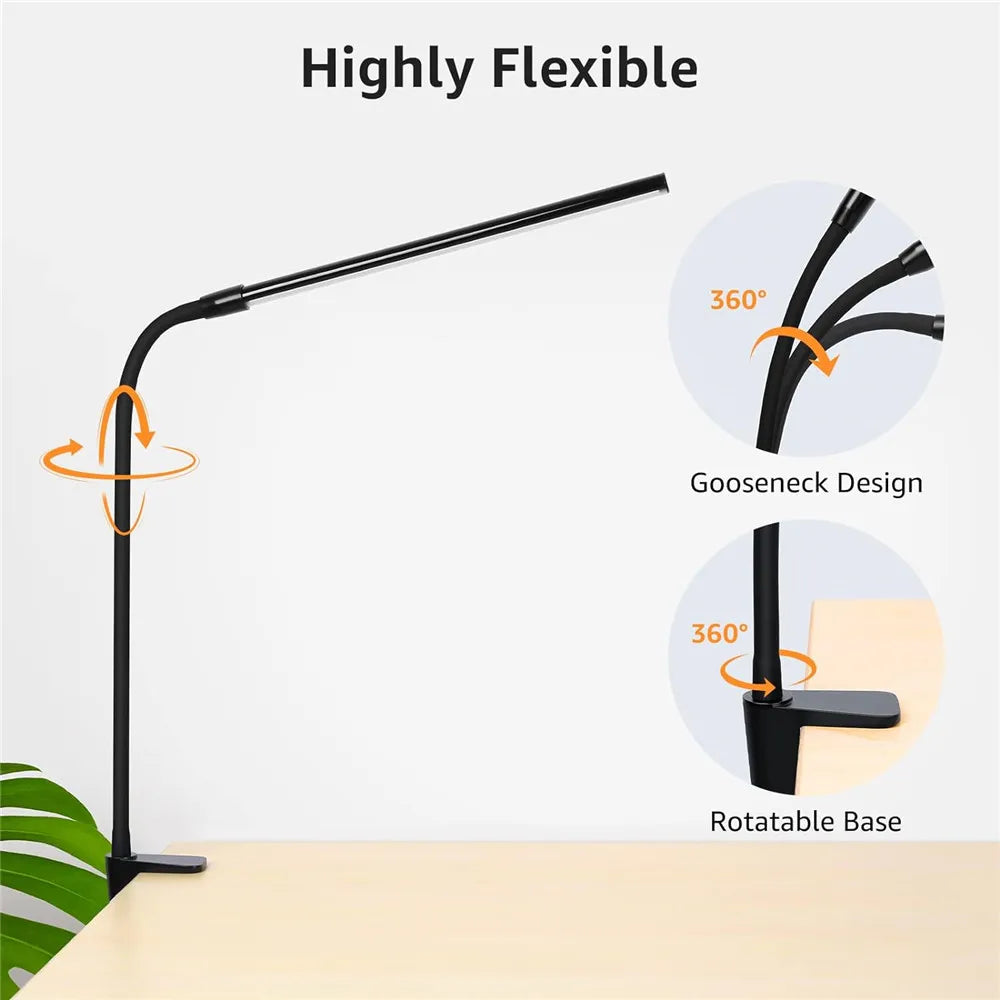 LED Desk Lamp with Clamp Eye-Caring Clip-On Desk Lights for Home Office 3 Modes 10 Brightness Levels Long Flexible Gooseneck Table Lamps