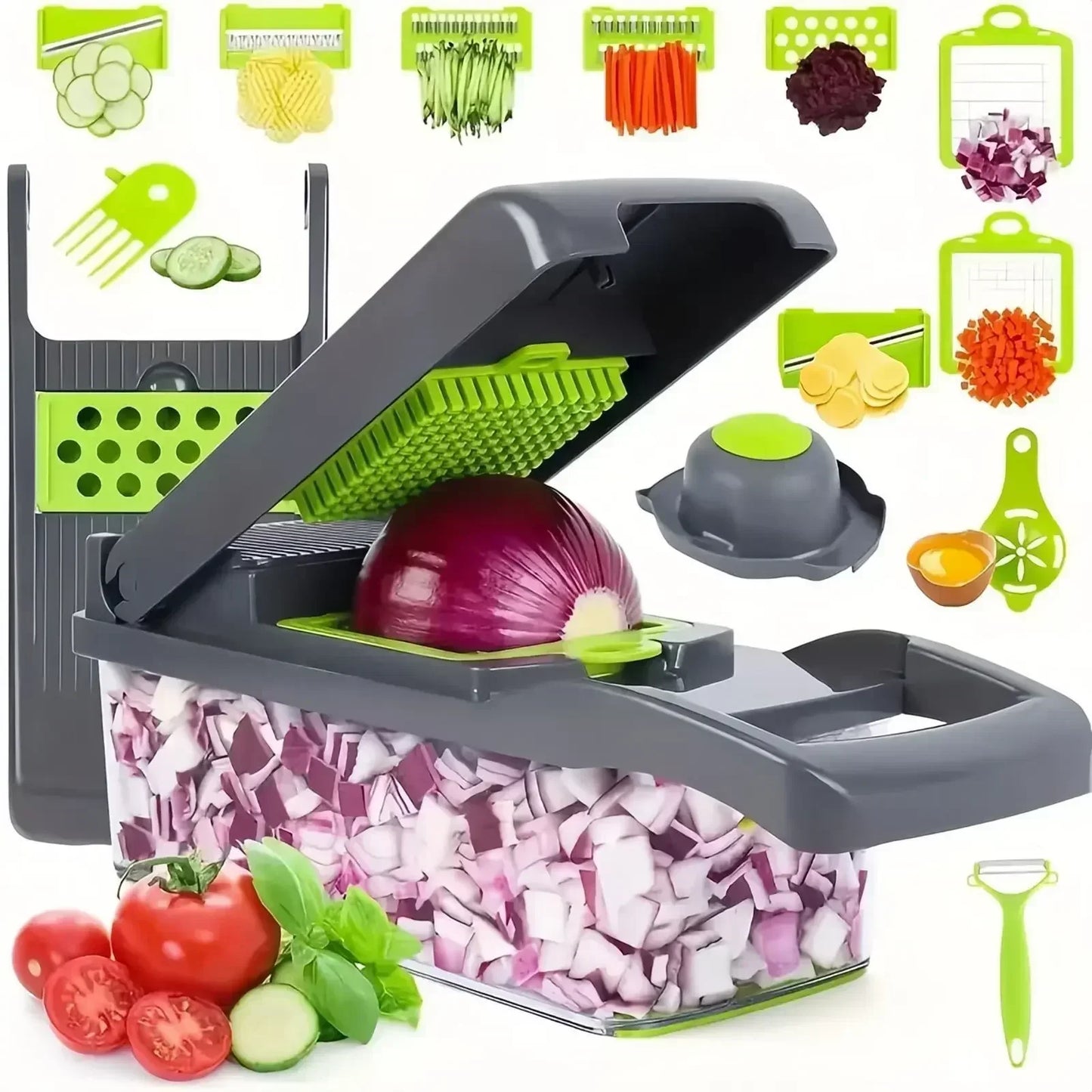 Picadora de verduras multifuncional 14/16 en 1 con mango, rallador de alimentos, picadora de alimentos, rebanadora de verduras, cortadora de dados, artículos de cocina