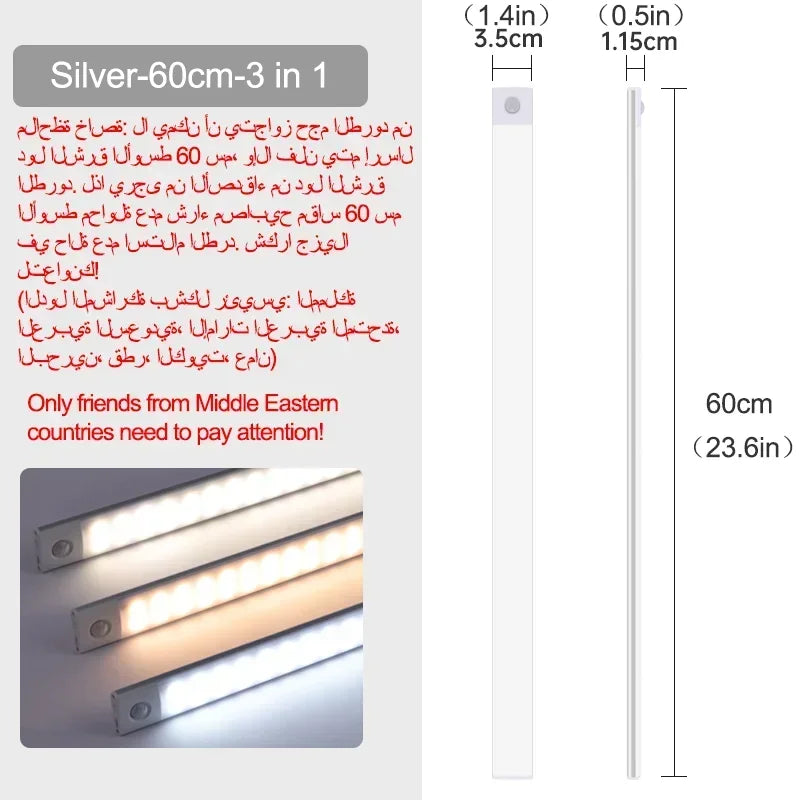 10-60cm led sob luzes do armário sensor de movimento luz noturna lâmpada sem fio recarregável para armário de cozinha quarto guarda-roupa luz