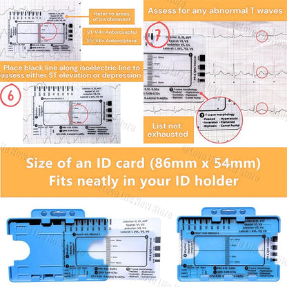 ECG 7 Step Ruler, Ruler Card for ECG/EKG Interpretation, Portable Pocket ECG EKG Reference Guide with Sheath, Emergency tool