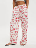 Women's Casual Wide Leg Pants Fashion Stripe/Coconut Tree Print Drawstring Waist Side Pockets Casual Loose Trousers Streetwear