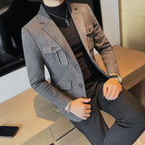 Chaqueta de traje de tweed para hombre, blazer de un solo pecho, gris, moda 2024, abrigo de diseñador de lujo para hombre, ropa de estilo coreano informal