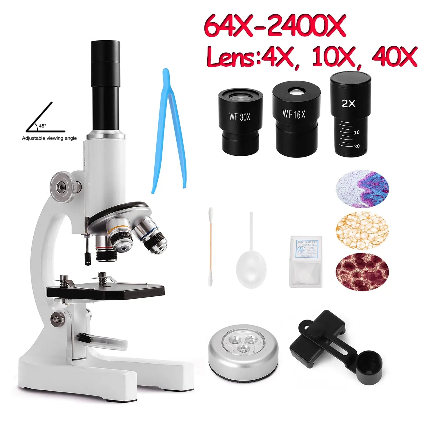 Microscopio óptico monocular 64X-2400X para niños de primaria, ciencias, biología experimental, microscopio digital