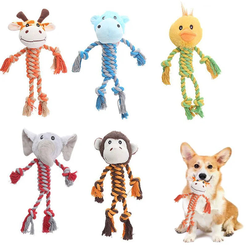 Juguete chirriante para perros pequeños y medianos, suave peluche masticable con forma de animal, resistente a mordeduras, cuerda de algodón, suministros para mascotas.