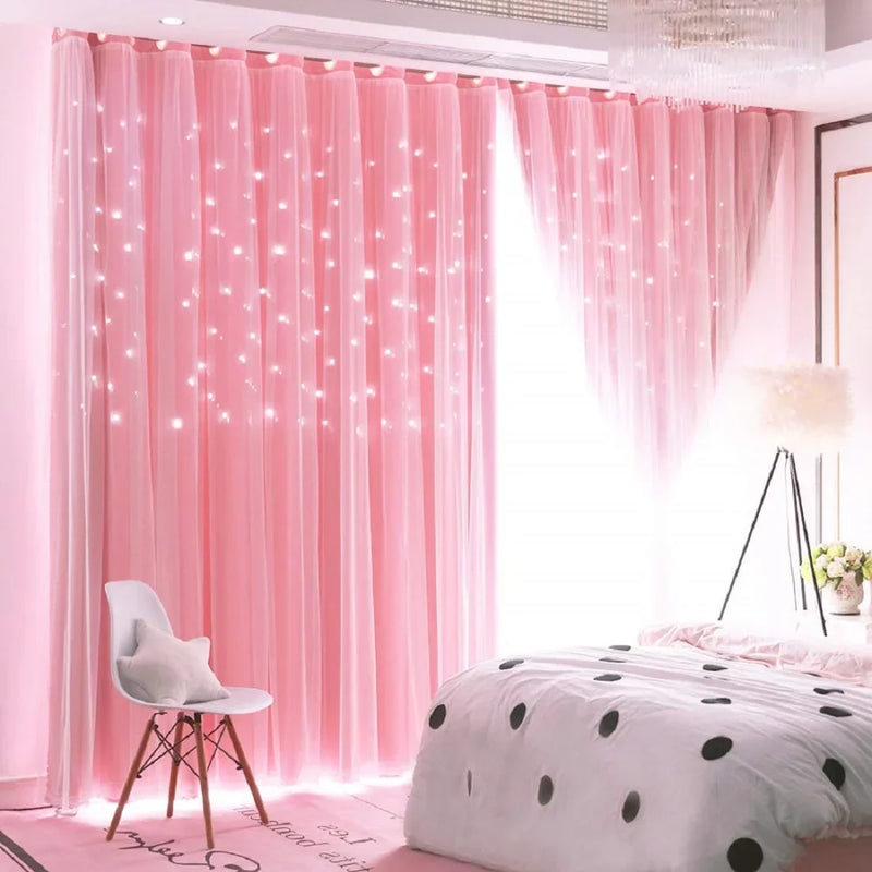Kids Girls Bedroom Pink Curtains Star Cutout Blackout with White Sheer Pastel Nursery Window Curtain Panels for Living Room Home