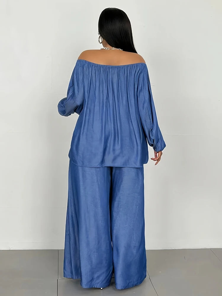 2piece Wide Legs Fake Jeans Suits for Women Plus Size Spring Outfits Off Shoulder Top and Pants Sets Wholesale Dropshipping