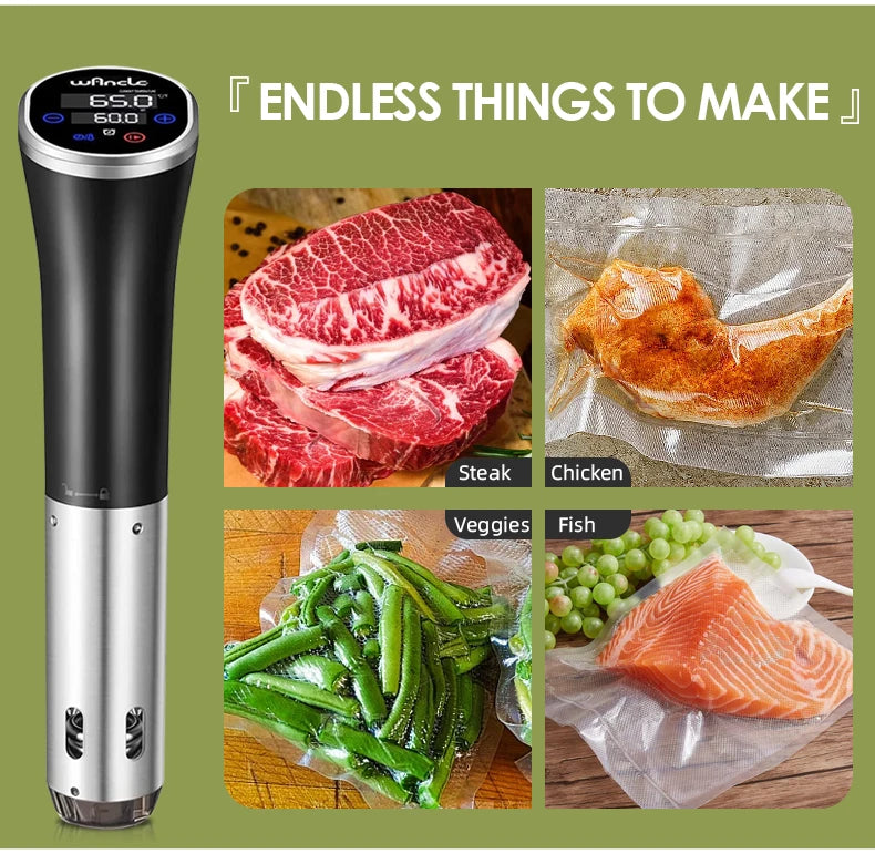 Wancle Vacuum Sous Vide Cooker IPX7 Waterproof Heater Immersion Circulator Slow Cooker with Digital Display Reservation Function