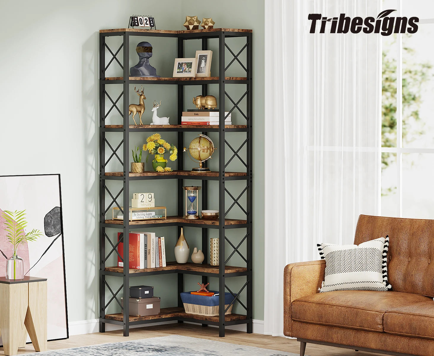 Tribesigns 7-Shelf Corner Bookshelf,Large Modern Corner Bookcase, 7-Tier Tall Corner Shelf Storage Display Rack with Metal Frame