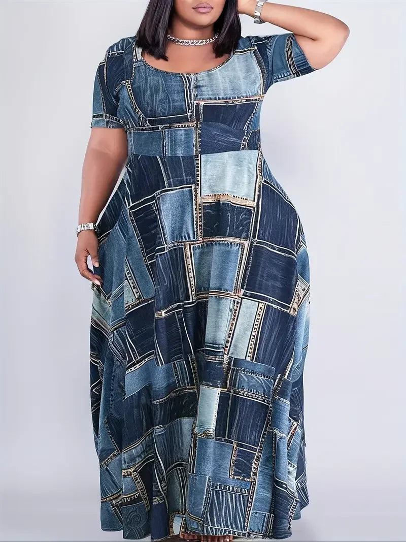 Plus size 1xl-5xl verão maxi vestido feminino casual denim xadrez vestido senhoras em torno do pescoço manga curta verão maxi vestido queimado hem