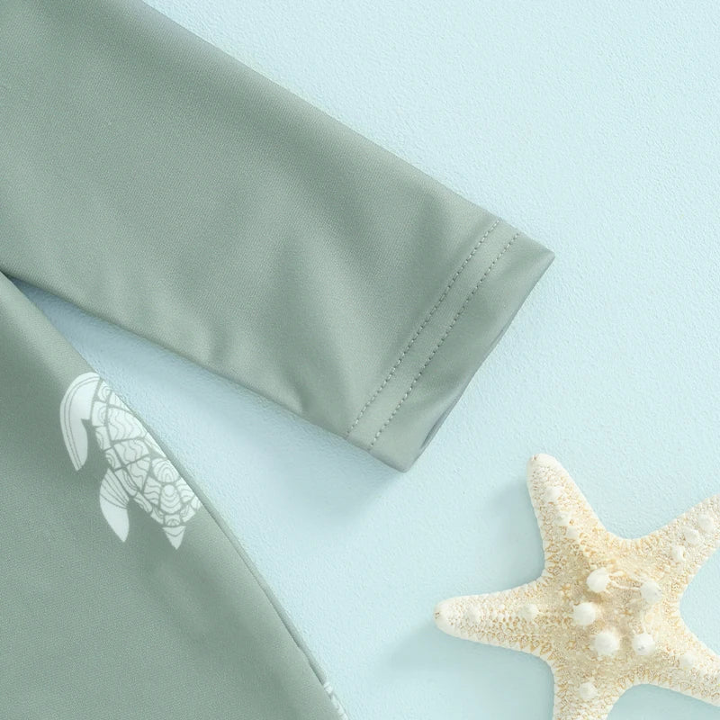 Tregren Toddler Boys Rash Guard Swimsuit Long Sleeve Turtle/Dinosaur Print Infant Bathing Suit Swimwear with Swim Caps Beachwear