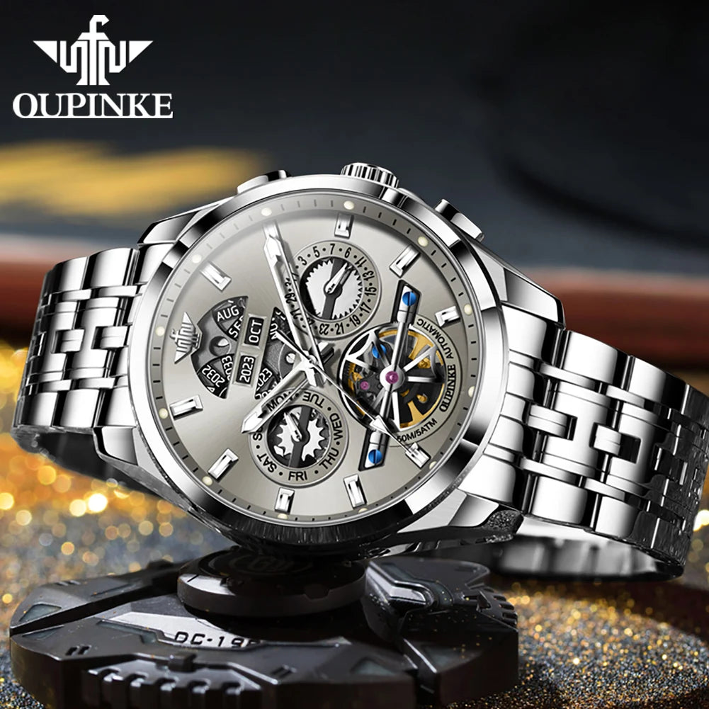 OUPINKE 3251 Skeleton Flywheel Automatic Watch for Men Stainless Steel Waterproof Wristwatch Luxury Sapphire Mirror Men's Watch
