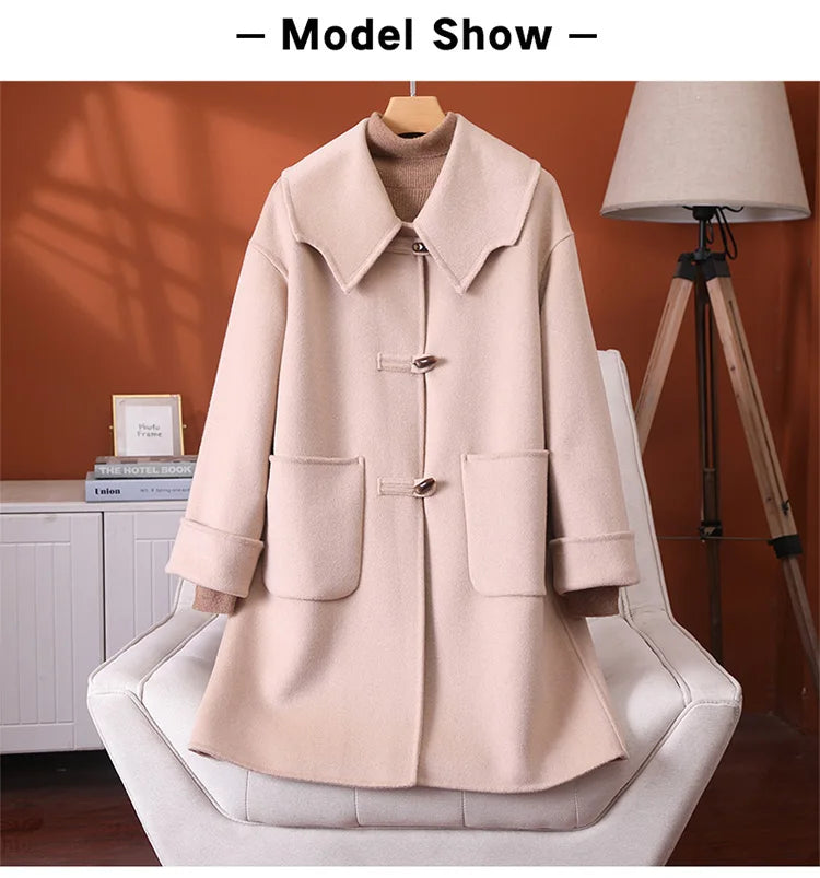 2025 Fashion Large Lapel Horn Button Women's Coat Autumn and Winter New Double-Sided Woolen 100%Pure Wool Warm Coat Large Pocket