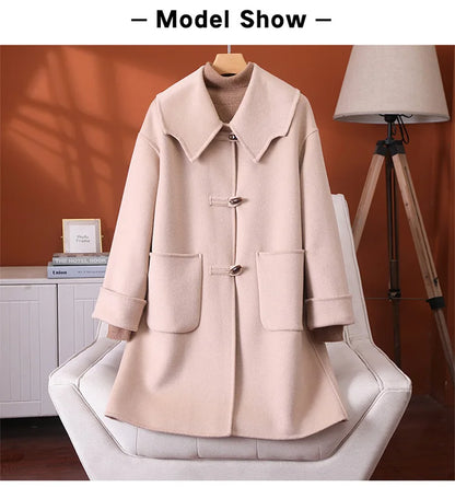 2025 Fashion Large Lapel Horn Button Women's Coat Autumn and Winter New Double-Sided Woolen 100%Pure Wool Warm Coat Large Pocket