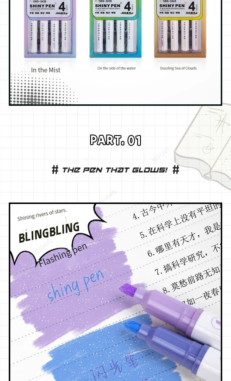 4 Colors/box Kawaii Glitter Highlighter Pen Pastel Fine Pastel Highlighter Marker Scrapbook Painted Stationery School Supplies